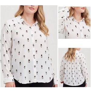 Torrid Madison Georgette Button Front Long Sleeve Shirt 2X Novelty Fox Rabbit